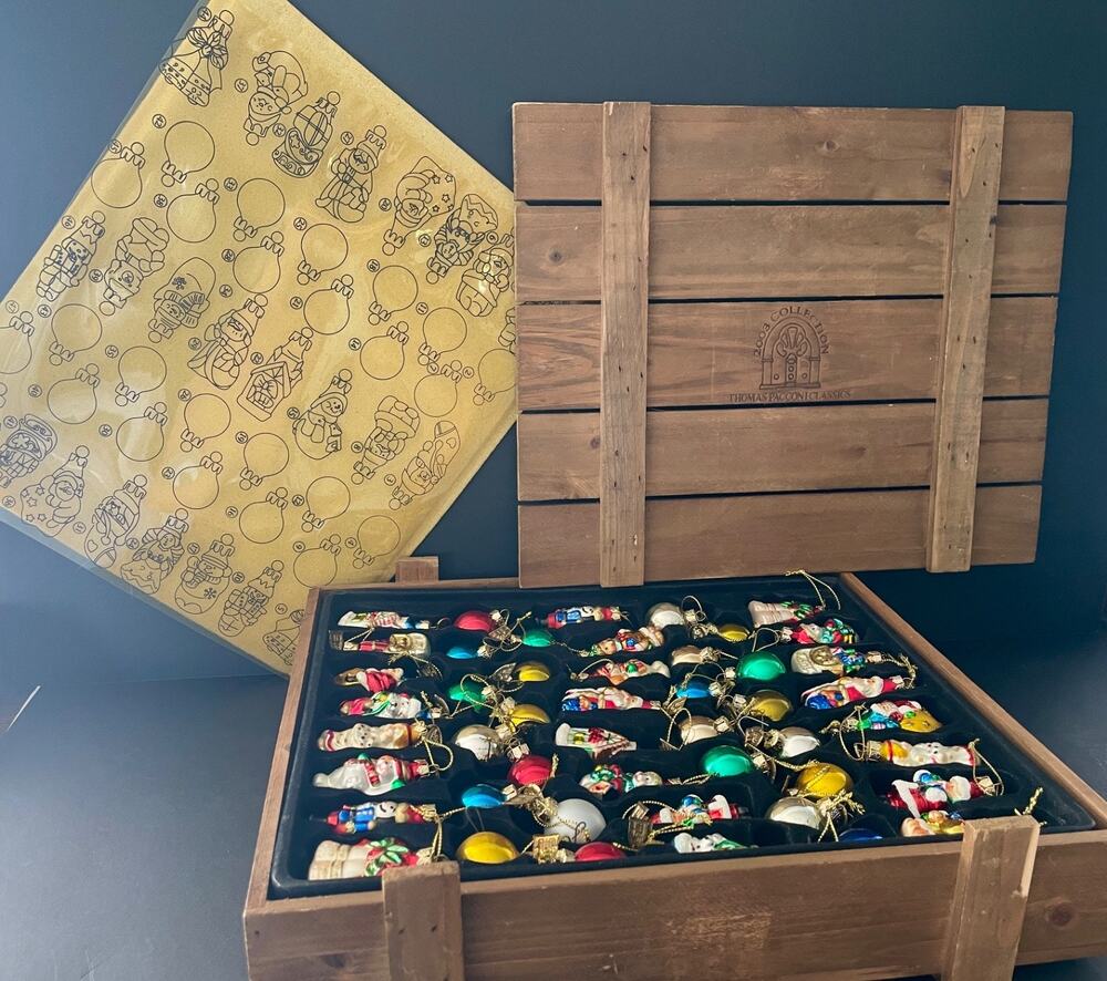 Thomas Pacconi Classics 2003 48 Mini Glass Christmas Ornaments & Wood Crate